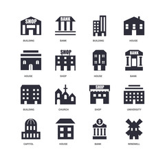 Obraz premium 16 icons related to Windmill, Bank, House, Capitol, University, Building, undefined, undefined signs. Vector illustration isolated on white background.