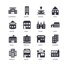 16 icons related to Customs, Music, Musical, University, Apartment, Supermarket, Museum, School, Church, undefined, undefined signs. Vector illustration isolated on white background.