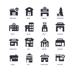 16 icons related to Pet shop, Coffee Pub, House, Burguer, Ambulance, Motel, Barbershop, Shop, undefined, undefined signs. Vector illustration isolated on white background.