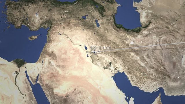 Commercial plane arrives to Baghdad, Iraq, 3D animation