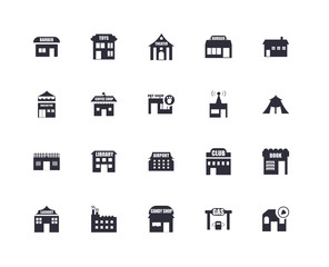 20 icons related to Pizza, Gas station, Candy shop, Factory, Laundry, House, Radio, Airport, Prison, Coffee Theater signs. Vector illustration isolated on white background.