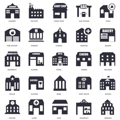 25 icons related to Embassy, Pharmacy, Cafe, Clinic, Station, Bakery, Cinema, Bank, Police, Fire station, Candy shop, Factory signs. Vector illustration isolated on white background.