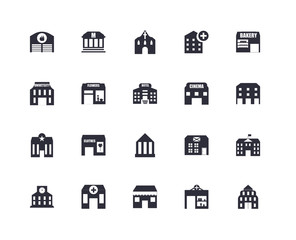 20 icons related to Embassy, Pharmacy, Cafe, Clinic, Station, Bakery, Cinema, Bank, Police, Flower, Church signs. Vector illustration isolated on white background.