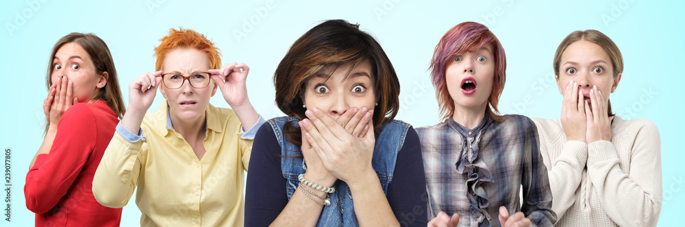 Wall mural horizontal portrait of several female closes hands over mouth in shock by what they heard. keep secr