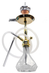Modern transparent hookah isolated on white background. Hookah with rubber tube and flask isolated...