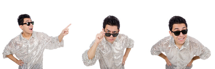 Young man in silver shirt isolated on white