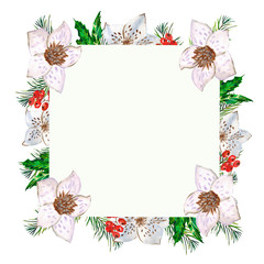Watercolor. Christmas composition of the branches of the Christmas tree, holly leaves, white flowers and red berries.