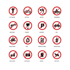 16 icons related to No pets, Shout, photo, Fast food, Pedestrian, Ice cream, Weapons, Marijuana, Parking, undefined, undefined signs. Vector illustration isolated on white background.