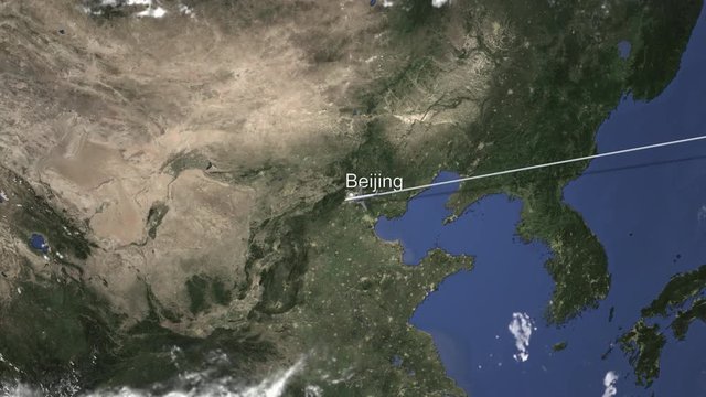 Plane arrives to Beijing, China from east, 3D animation 
