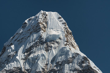 The snowy peak of Mount Ama Dablam, one of the most beautiful mountains in the world. Nepal
