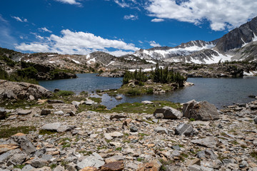 Fototapeta na wymiar 20 Lakes Basin at Shamrock Lake, backpacking and wilderness hiking the California Eastern Sierra Nevada Mountains in the summer.