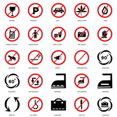 25 icons related to Luggage, No cut, hoist, Side up, Shout, Prohibition, Ironing, Washing, Mobile phone, Car, Parking signs. Vector illustration isolated on white background.