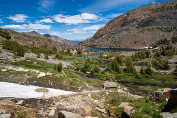 Fototapeta na wymiar 20 Lakes Basin backpacking and wilderness hiking the California Eastern Sierra Nevada Mountains in the summer.