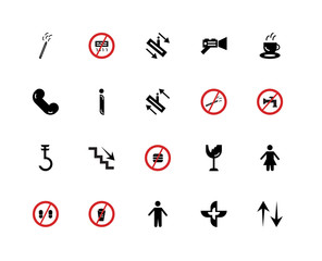 20 icons related to High voltage, No water, Coffee shop, Cctv, step, Air conditioner, Fragile, Phone call signs. Vector illustration isolated on white background.