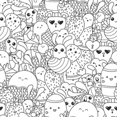 Doodles seamless pattern with ice cream, sweets and kawaii characters. Valentines Day pattern for coloring book or design print. Easy to change color.