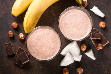 Obraz na płótnie Canvas Chocolate banana coconut hazelnut milkshake or smoothie.