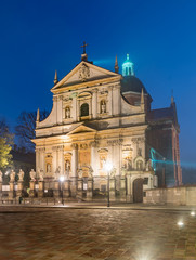 Fototapeta na wymiar Krakow, Poland, baroque church of Saints Peter and Paul in the night