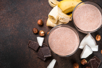 Obraz na płótnie Canvas Chocolate banana coconut hazelnut milkshake or smoothie.