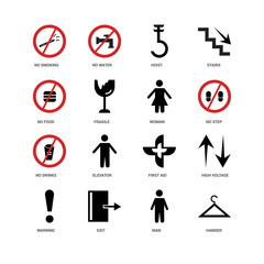 16 icons related to Hanger, Man, Exit, Warning, High voltage, No smoking, food, drinks, Woman, undefined, undefined signs. Vector illustration isolated on white background.