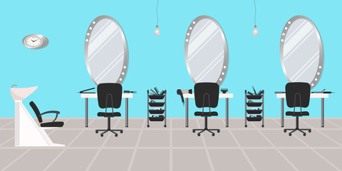 Interior of a hairdressing salon in a blue color. Beauty salon. There are tables, chairs, a bath for washing the hair, mirrors, hair dryer in the picture. There is also a clock here. Vector 