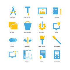 16 icons related to Wireframe, Idea, Ruler, , Magic wand, Compass, 3d cube, Layers, Settings, undefined, undefined signs. Vector illustration isolated on white background.