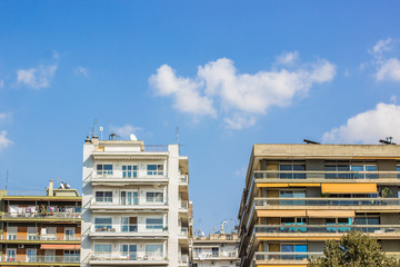 south city street building facade wallpaper background urban colorful view in clear summer weather time, copy space 