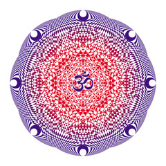Mandala in Red and purple colors on a white background with aum / ohm / om sign in the center. Vector openwork drawing. Spiritual symbol.