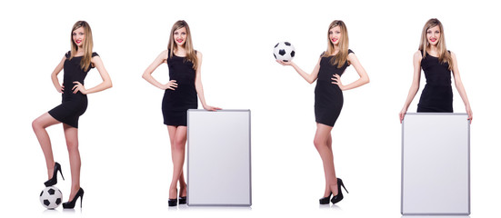 Woman with football on white