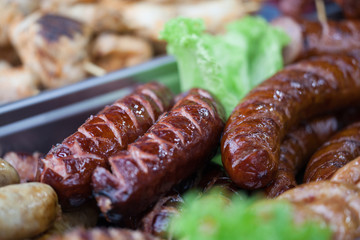 Delicious grilled sausages and Vegetable. Delicious food.