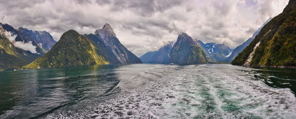 Boat tour on Milford Sound fjord in New Zealand