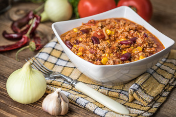 Chili con carne in a bowl.