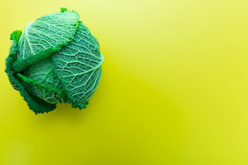 Green Savoy cabbage on yellow background, copy space