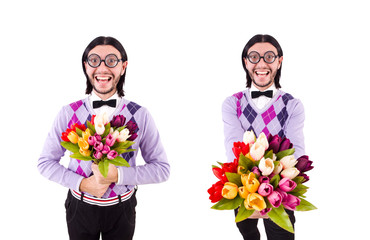 Man holding tulips isolated on white