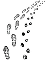 Footprints of man and dog, turn right, vector