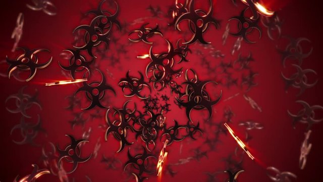 Falling BIOHAZARD, Nuclear, Radiation Hazard Danger Symbols Animation, Rendering, Background, Loop, 4k
