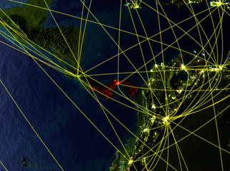 Panama from space on model of planet Earth with networks. Detailed planet surface with city lights.