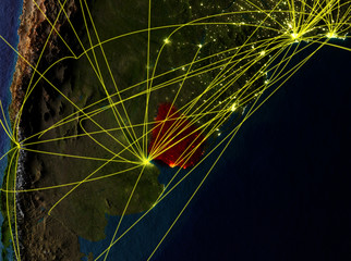 Uruguay from space on model of planet Earth with networks. Detailed planet surface with city lights.