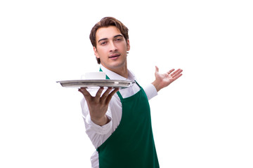 Young waiter isolated on white background