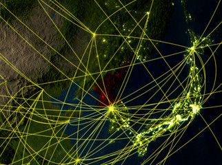 North Korea from space on model of planet Earth with networks. Detailed planet surface with city lights.