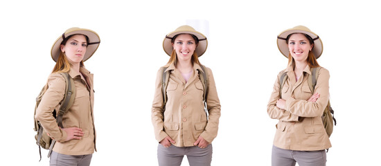 Woman wearing safari hat on white © Elnur