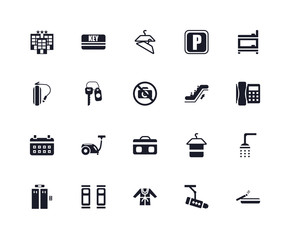 Fototapeta premium 20 icons related to Smoking, Cctv, Bathrobe, Beds, Elevator, Bunk, Escalator, Suitcase, Calendar, Room key, Hanger signs. Vector illustration isolated on white background.