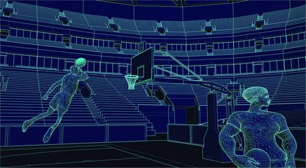 professional basketball players in a stadium illustrated in wire-frame style © westCloud