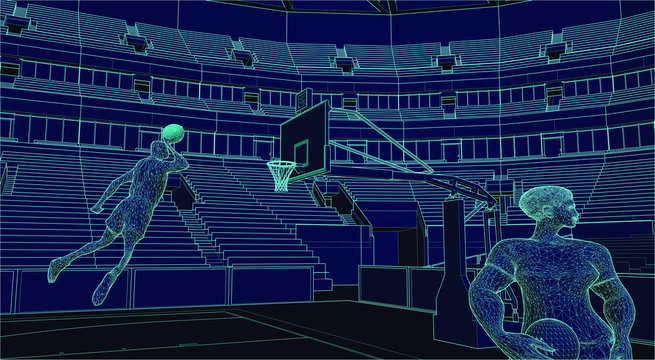 professional basketball players in a stadium illustrated in wire-frame style