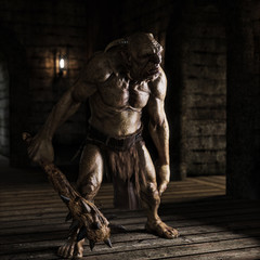 An evil troll with spiked club wandering the labyrinth halls looking for prey . 3d rendering - obrazy, fototapety, plakaty