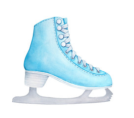 Light blue figure ice skates with steel blades, white sole and laces. Beautiful symbol of winter activities. One single object, side view. Hand painted water color drawing on white backdrop, cut out.