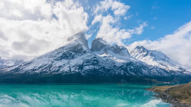 4k timelapse video of the Cuernos del Paine mountains in Torres del Paine National Park in Chile