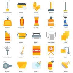 25 icons related to Brush, Bleach, Wiper, Bowl, Blower, Liquid, Toilet paper, Detergent, Feather duster, Dustpan, Gloves, Sponge signs. Vector illustration isolated on white background.