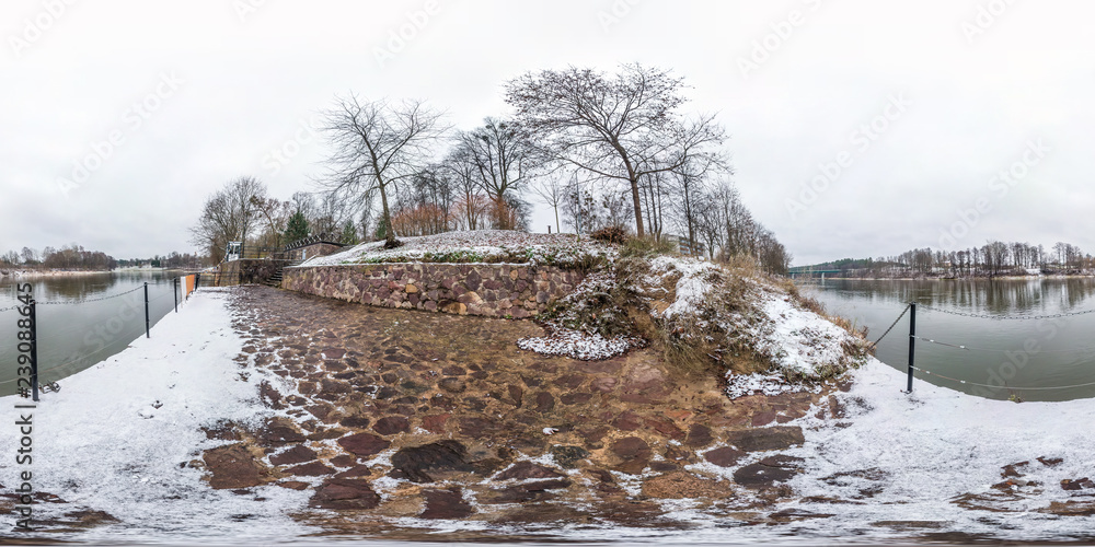 Wall mural winter fairy tale full seamless spherical panorama 360 degrees angle view on the shore of width rive