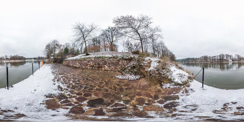 winter fairy tale full seamless spherical panorama 360 degrees angle view on the shore of width...