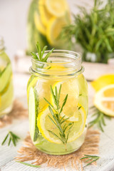 Cold Fruit Infused Detox Water with with lemon, cucumber and rosemary